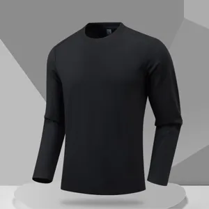 Detailed view of the black crewneck long sleeve stretch base layer shirt for men's daily wear.