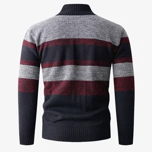 Men's mock neck long sleeve knit sweater with stylish multi-color stripes for autumn winter.