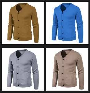 Men long sleeve V-neck button cardigan knitwear detail view showing color options clearly.