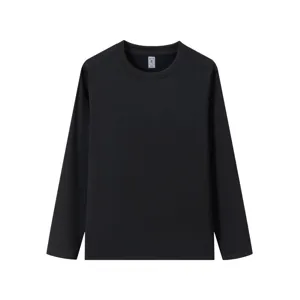 Close-up detail of black long sleeve crewneck top collar and fabric texture design.