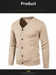 Detailed close-up view of mens beige knit cardigan showing v-neck and button closure.