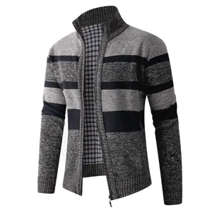 Men's Full-Zip Stand Collar Striped Knitted Cardigan Autumn Winter Casual Sweater