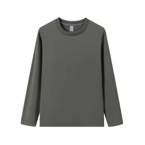 Detail view of the dark grey crewneck long-sleeve base layer shirt, premium stretch fabric.