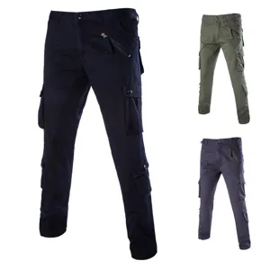 Detailed view of men's multi-pocket cargo pants showing durable fabric and functional side pockets.