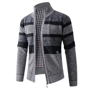 Men's knitted cardigan sweater zip up high collar grey black striped casual outerwear