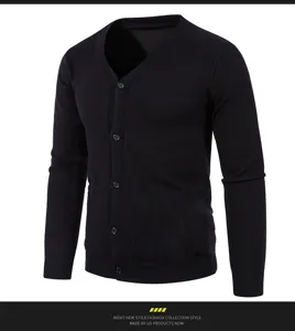 Mens black V-neck knit cardigan sweater detail view showcasing the button placket.