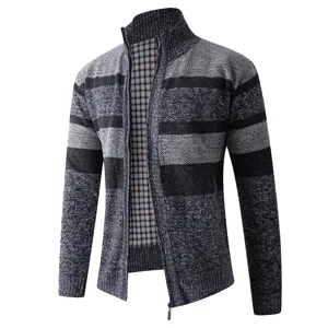 Men casual knit cardigan sweater full zip high collar striped winter warm outerwear