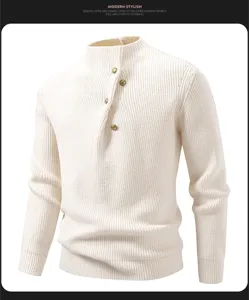 Men's mock neck knit sweater with asymmetric buttons, casual slim fit long sleeve top.