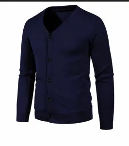 Men's dark blue V-neck knit cardigan slim fit long sleeve button down sweater casual top