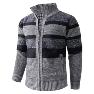 Men's casual long sleeve knit cardigan sweater with zipper stand collar gray striped design.