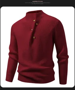 Men's mock neck knitted sweater with metal buttons stylish autumn winter pullover top
