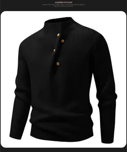 Men's black knit sweater detail, stylish mock neck with gold button design, slim fit pullover.