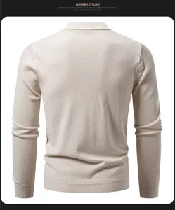Detailed back view of men's solid color knit sweater showing fine collar and long sleeves.