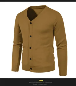 Closeup detail of men camel v-neck long sleeve cardigan sweater button front knitwear