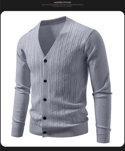 Men's casual solid color V-neck knit cardigan sweater with long sleeves and button up styling.