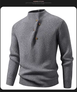 Men's grey mock neck knit sweater with button placket casual long sleeve pullover top