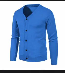 Men's Blue V-Neck Long Sleeve Knitted Cardigan Slim Fit Casual Button Down Sweater Top