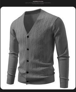 Men's casual solid color V-neck cardigan knitted sweater with buttons and stylish vertical ribs.