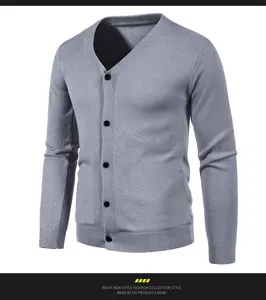 Men slim grey V-neck knit cardigan detail view, lightweight buttoned sweater apparel.