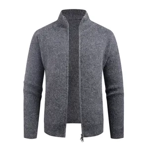 Charcoal gray knit cardigan detail, premium ribbed texture, mock neck with front zipper.
