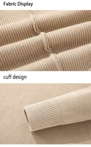 Detailed view of the ribbed knit fabric and cuff design on a cozy beige men's sweater.