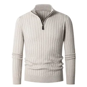 Maglione Uomo Collo Alto Mezza Zip in Maglia a Coste Maniche Lunghe Grigio Chiaro