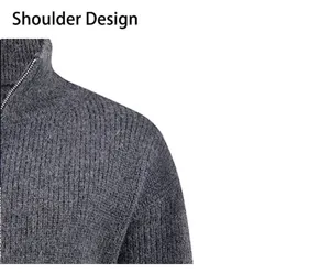 Shoulder detail of men's grey knit cardigan, showing fine knit texture and zipper collar.