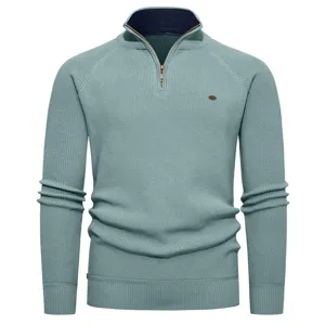 Maglione da uomo a coste con mezza zip, collo alto, pullover caldo e spesso, verde salvia.