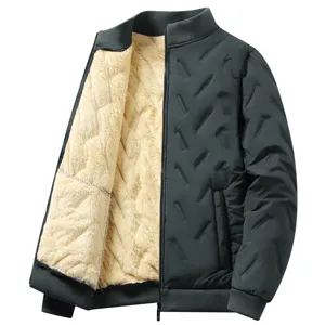 Men's winter thick fleece-lined padded jacket with quilted outer and stand collar.