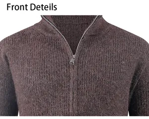 Close-up front view of men's knitted cardigan collar and zipper detail for autumn and winter.