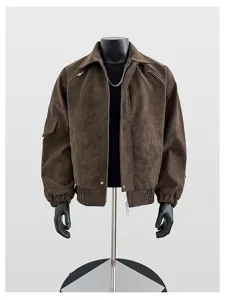 Herren braune PU Lederjacke, verdickte lose Stehkragen Motorrad Arbeitskleidung Detail.