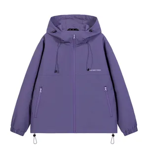 Men purple hooded jacket autumn casual loose outerwear with zip pockets and adjustable drawstrings