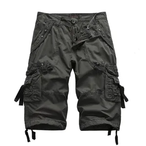 Men's summer pure cotton washed cargo shorts, multi-pocket casual outdoor knee-length shorts.