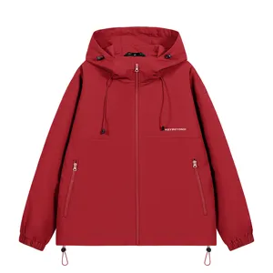 Men's autumn hooded jacket casual loose drop shoulder red full zip outerwear top.