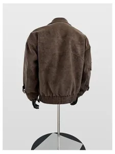 Braune PU Lederjacke Rückseite Detail, Vintage Motorrad Bombermantel mit Rippbündchen.