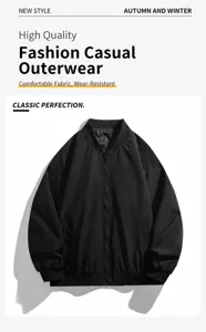 Men's casual windproof waterproof bomber jacket loose fit streetwear style coat black detail view