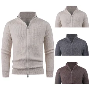 Men Full-Zip Knit Cardigan Sweater Casual Stand Collar Long Sleeve Loose Fit Solid Color Fall Winter Outerwear