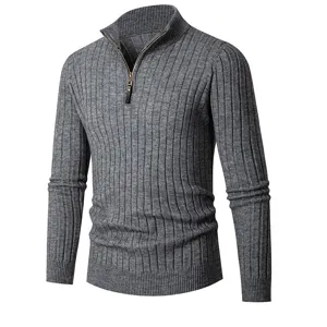 Maglione uomo grigio a coste con zip a un quarto pullover casual lavorato a maglia manica lunga