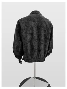 Herren verdickte lockere Stehkragen PU Lederjacke Rückseite Detailansicht im Vintage Stil.