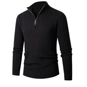 Maglione uomo nero classico mezza zip in maglia a costine maniche lunghe top invernale