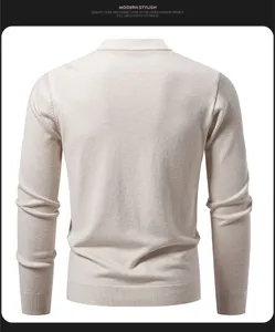 Back view detail of men's casual slim-fit knit sweater with ribbed hem and cuffs.