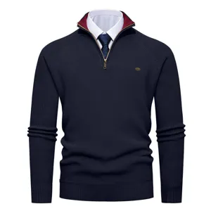 Men's stylish navy blue half-zip stand collar ribbed knit sweater casual pullover top