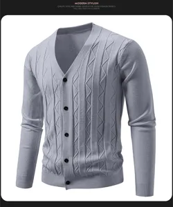 Men's casual V-neck knitted cardigan sweater, slim fit long sleeve button-down knitwear.