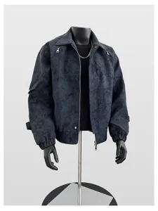 Schwarze Herren Kunstleder Motorradjacke mit Stehkragen Metall Reissverschluss Tasche.