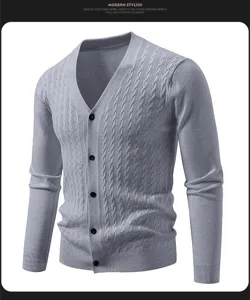 Men's grey v-neck cable knit cardigan sweater with button closure for casual daily wear.
