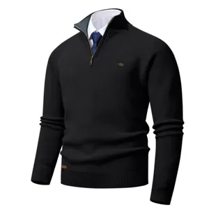 Men's Black Half-Zip Mock Neck Ribbed Knit Sweater Pullover Winter Warm Casual Top