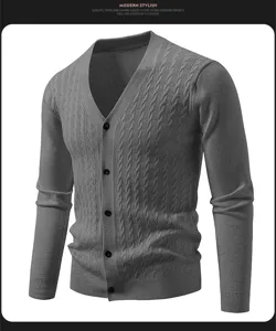 Men's gray knit V-neck cardigan sweater detail view, showing cable knit texture and buttons.