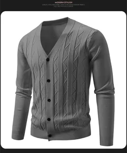 Men's grey v-neck long sleeve knit cardigan sweater slim fit button down casual knitwear