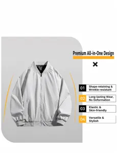 Close-up detail of the casual grey loose bomber jacket, showing smooth fabric and ribbed collar.