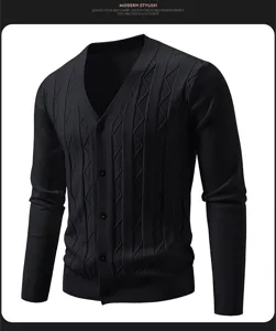 Men black V-neck knitted cardigan sweater slim fit long sleeve button down casual knitwear